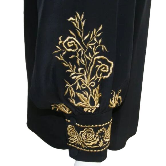 DIANE von FURSTENBERG Silk Blouse, XS, Black, Gold Embroidery, button front - Picture 7 of 10